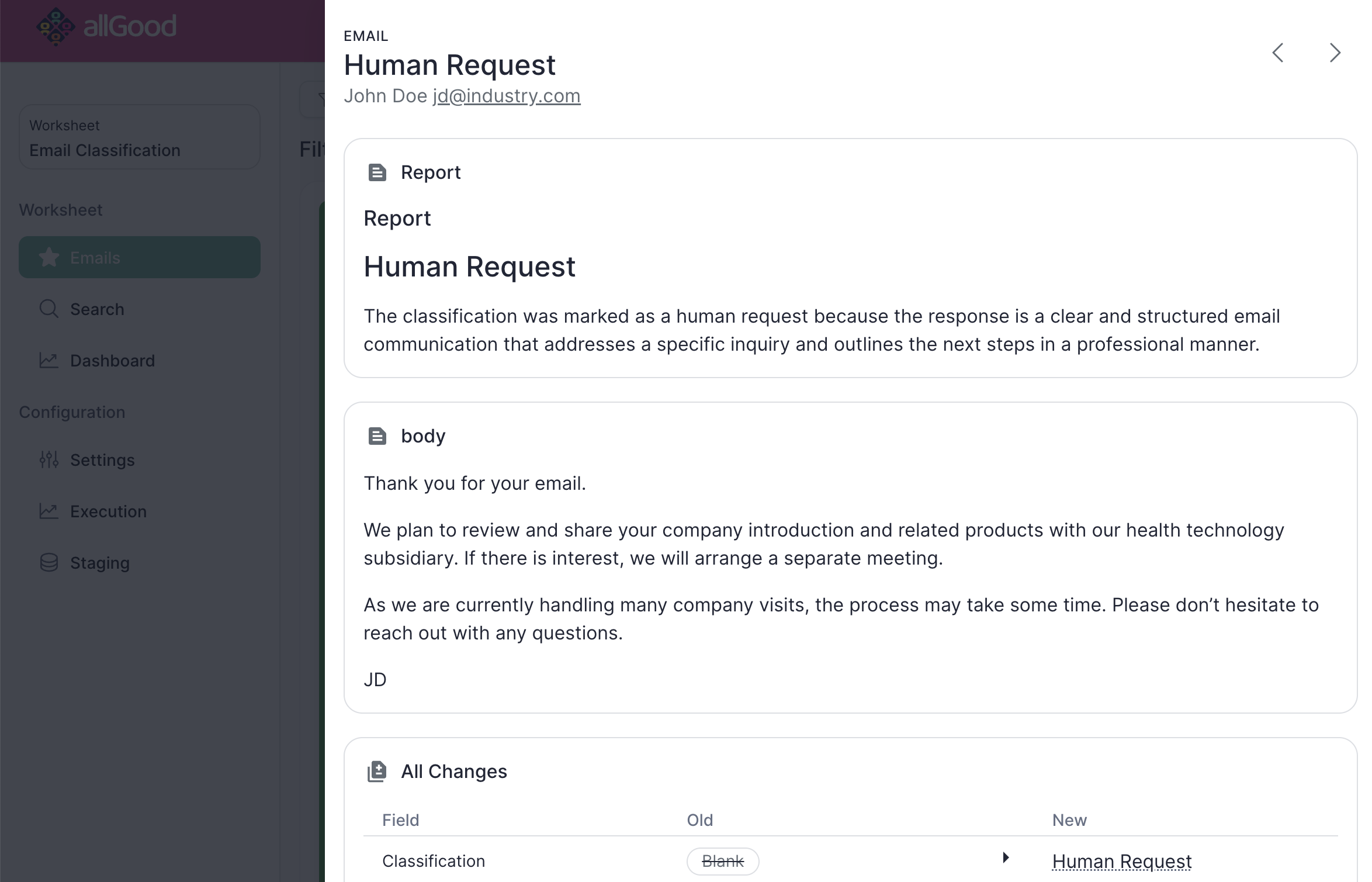 Analysis and action screen showing Mary responding to an inbound reply