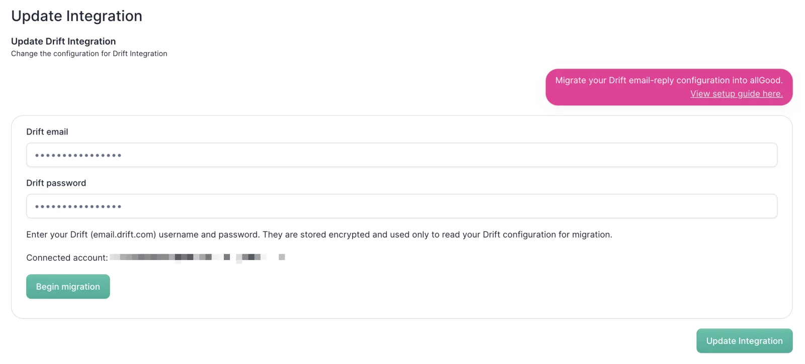 The allGood integration screen with the connected Drift account and a Begin migration button.