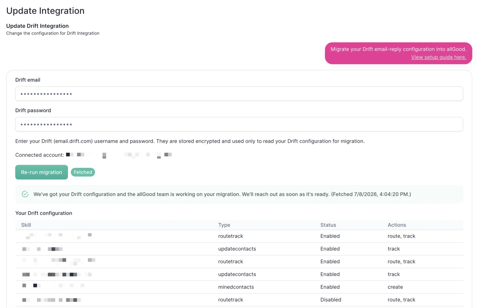 A summary of the migrated Drift configuration in allGood, listing each skill with its type, status, and actions.