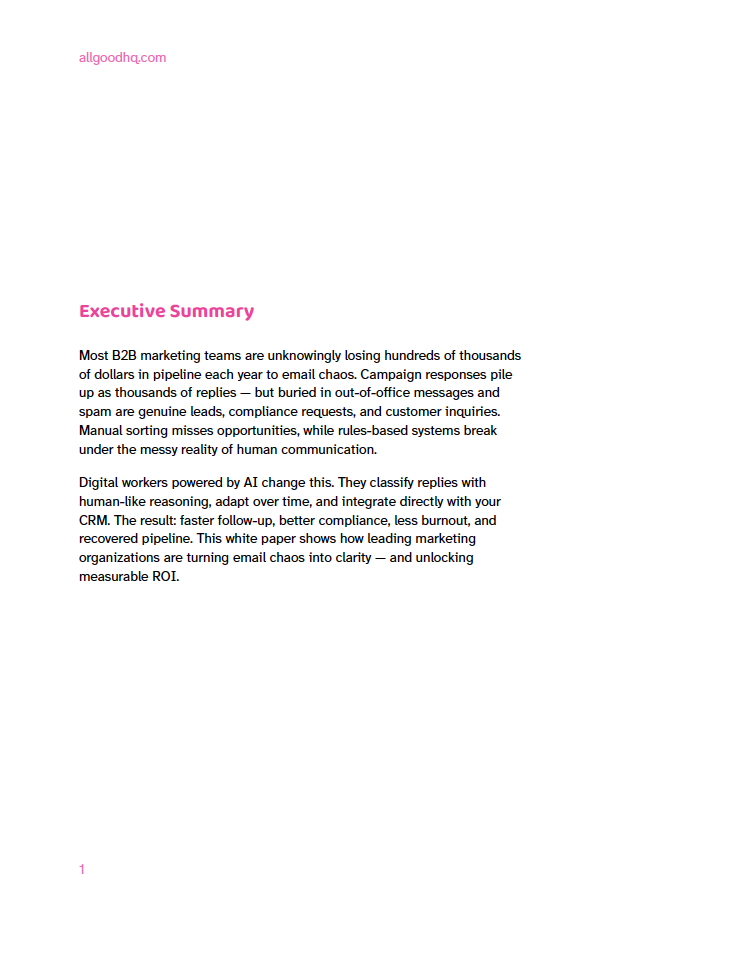 Executive summary page of the reply management whitepaper